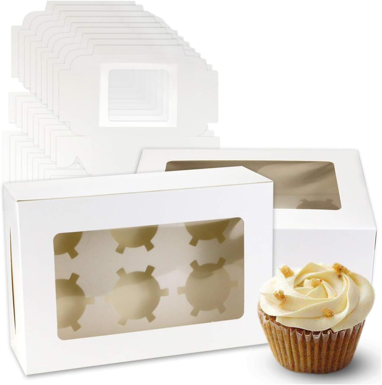 20-Pc White 6-Cupcake Boxes – PVC Window, Inserts, Auto-Popup, 9x6x3in